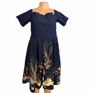 Belle Poque Navy Swan Pattern Floral A-line Dress Off the Shoulders